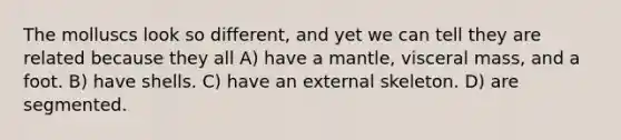 The molluscs look so different, and yet we can tell they are related because they all A) have a mantle, visceral mass, and a foot. B) have shells. C) have an external skeleton. D) are segmented.