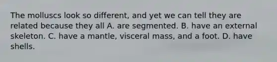 The molluscs look so different, and yet we can tell they are related because they all A. are segmented. B. have an external skeleton. C. have a mantle, visceral mass, and a foot. D. have shells.