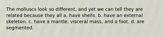 The molluscs look so different, and yet we can tell they are related because they all a. have shells. b. have an external skeleton. c. have a mantle, visceral mass, and a foot. d. are segmented.