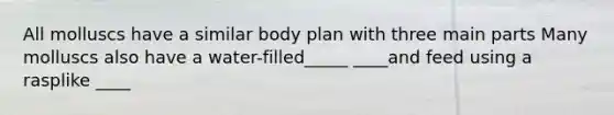 All molluscs have a similar body plan with three main parts Many molluscs also have a water-filled_____ ____and feed using a rasplike ____