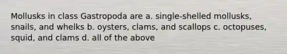 Mollusks in class Gastropoda are a. single-shelled mollusks, snails, and whelks b. oysters, clams, and scallops c. octopuses, squid, and clams d. all of the above