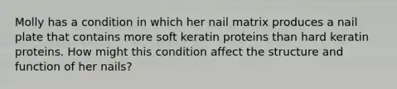 Molly has a condition in which her nail matrix produces a nail plate that contains more soft keratin proteins than hard keratin proteins. How might this condition affect the structure and function of her nails?