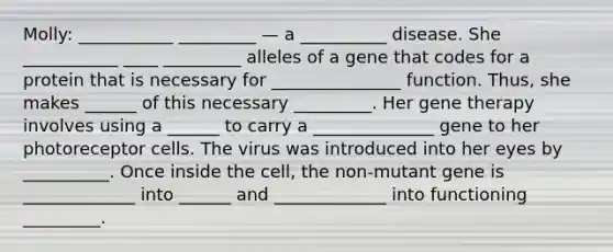 Molly: ___________ _________ — a __________ disease. She ___________ ____ _________ alleles of a gene that codes for a protein that is necessary for _______________ function. Thus, she makes ______ of this necessary _________. Her gene therapy involves using a ______ to carry a ______________ gene to her photoreceptor cells. The virus was introduced into her eyes by __________. Once inside the cell, the non-mutant gene is _____________ into ______ and _____________ into functioning _________.