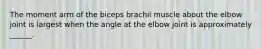 The moment arm of the biceps brachii muscle about the elbow joint is largest when the angle at the elbow joint is approximately ______.