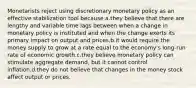 Monetarists reject using discretionary monetary policy as an effective stabilization tool because a.they believe that there are lengthy and variable time lags between when a change in monetary policy is instituted and when the change exerts its primary impact on output and prices.b.it would require the money supply to grow at a rate equal to the economy's long-run rate of economic growth.c.they believe monetary policy can stimulate aggregate demand, but it cannot control inflation.d.they do not believe that changes in the money stock affect output or prices.