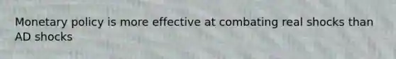 <a href='https://www.questionai.com/knowledge/kEE0G7Llsx-monetary-policy' class='anchor-knowledge'>monetary policy</a> is more effective at combating real shocks than AD shocks