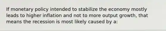 If monetary policy intended to stabilize the economy mostly leads to higher inflation and not to more output growth, that means the recession is most likely caused by a: