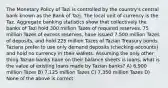 The Monetary Policy of Tazi is controlled by the country's central bank known as the Bank of Tazi. The local unit of currency is the Taz. Aggregate banking statistics show that collectively the banks of Tazi hold 300 million Tazes of required reserves, 75 million Tazes of excess reserves, have issued 7,500 million Tazes of deposits, and hold 225 million Tazes of Tazian Treasury bonds. Tazians prefer to use only demand deposits (checking accounts) and hold no currency in their wallets. Assuming the only other thing Tazian banks have on their balance sheets is loans, what is the value of existing loans made by Tazian banks? A) 6,900 million Tazes B) 7,125 million Tazes C) 7,350 million Tazes D) None of the above is correct