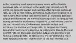 In the monetary small open-economy model with a flexible exchange rate, an increase in the world real interest rate A) increases domestic output and increases the nominal exchange rate, as long as real money demand is much more responsive to real income than to the real interest rate. B) increases domestic output and decreases the nominal exchange rate, as long as real money demand is much more responsive to real income than to the real interest rate. C) decreases domestic output and increases the nominal exchange rate, as long as real money demand is much more responsive to real income than to the real interest rate. D) decreases domestic output and decreases the nominal exchange rate, as long as real money demand is much more responsive to real income than to the real interest rate.