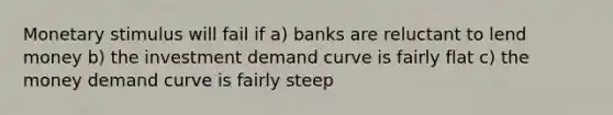 Monetary stimulus will fail if a) banks are reluctant to lend money b) the investment demand curve is fairly flat c) the money demand curve is fairly steep