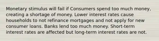 Monetary stimulus will fail if Consumers spend too much money, creating a shortage of money. Lower interest rates cause households to not refinance mortgages and not apply for new consumer loans. Banks lend too much money. Short-term interest rates are affected but long-term interest rates are not.