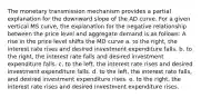 The monetary transmission mechanism provides a partial explanation for the downward slope of the AD curve. For a given vertical MS curve, the explanation for the negative relationship between the price level and aggregate demand is as follows: A rise in the price level shifts the MD curve a. to the right, the interest rate rises and desired investment expenditure falls. b. to the right, the interest rate falls and desired investment expenditure falls. c. to the left, the interest rate rises and desired investment expenditure falls. d. to the left, the interest rate falls, and desired investment expenditure rises. e. to the right, the interest rate rises and desired investment expenditure rises.