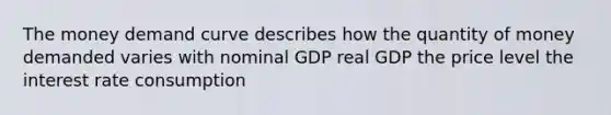 The money demand curve describes how the quantity of money demanded varies with nominal GDP real GDP the price level the interest rate consumption