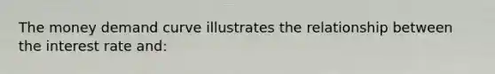 The money demand curve illustrates the relationship between the interest rate and: