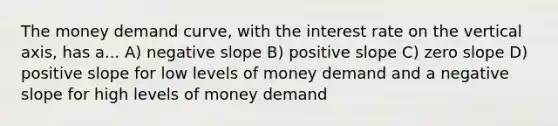 The money demand​ curve, with the interest rate on the vertical​ axis, has a... A) negative slope B) positive slope C) zero slope D) positive slope for low levels of money demand and a negative slope for high levels of money demand