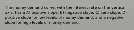 The money demand curve, with the interest rate on the vertical axis, has a A) positive slope. B) negative slope. C) zero slope. D) positive slope for low levels of money demand, and a negative slope for high levels of money demand.