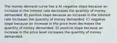 The money demand curve has a A) negative slope because an increase in the interest rate decreases the quantity of money demanded. B) positive slope because an increase in the interest rate increases the quantity of money demanded. C) negative slope because an increase in the price level decreases the quantity of money demanded. D) positive slope because an increase in the price level increases the quantity of money demanded.