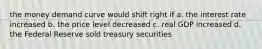 the money demand curve would shift right if a. the interest rate increased b. the price level decreased c. real GDP increased d. the Federal Reserve sold treasury securities