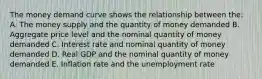 The money demand curve shows the relationship between the: A. The money supply and the quantity of money demanded B. Aggregate price level and the nominal quantity of money demanded C. Interest rate and nominal quantity of money demanded D. Real GDP and the nominal quantity of money demanded E. Inflation rate and the unemployment rate