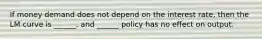 If money demand does not depend on the interest rate, then the LM curve is ______, and ______ policy has no effect on output.