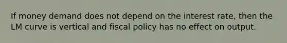 If money demand does not depend on the interest rate, then the LM curve is vertical and fiscal policy has no effect on output.