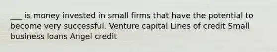 ___ is money invested in small firms that have the potential to become very successful. Venture capital Lines of credit Small business loans Angel credit