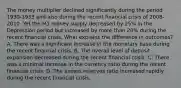 The money multiplier declined significantly during the period​ 1930-1933 and also during the recent financial crisis of​ 2008-2010. Yet the M1 money supply decreased by​ 25% in the Depression period but increased by more than​ 20% during the recent financial crisis. What explains the difference in​ outcomes? A. There was a significant increase in the monetary base during the recent financial crisis. B. The overall level of deposit expansion decreased during the recent financial crisis. C. There was a minimal increase in the currency ratio during the recent financial crisis. D. The excess reserves ratio increased rapidly during the recent financial crisis.