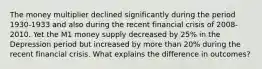 The money multiplier declined significantly during the period 1930-1933 and also during the recent financial crisis of 2008-2010. Yet the M1 money supply decreased by 25% in the Depression period but increased by more than 20% during the recent financial crisis. What explains the difference in outcomes?