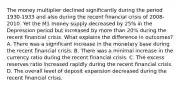 The money multiplier declined significantly during the period​ 1930-1933 and also during the recent financial crisis of​ 2008-2010. Yet the M1 money supply decreased by​ 25% in the Depression period but increased by more than​ 20% during the recent financial crisis. What explains the difference in​ outcomes? A. There was a significant increase in the monetary base during the recent financial crisis. B. There was a minimal increase in the currency ratio during the recent financial crisis. C. The excess reserves ratio increased rapidly during the recent financial crisis. D. The overall level of deposit expansion decreased during the recent financial crisis.