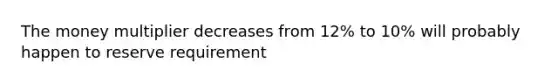 The money multiplier decreases from 12% to 10% will probably happen to reserve requirement