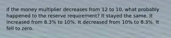 If the money multiplier decreases from 12 to 10, what probably happened to the reserve requirement? It stayed the same. It increased from 8.3% to 10%. It decreased from 10% to 8.3%. It fell to zero.