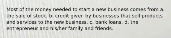 Most of the money needed to start a new business comes from a. the sale of stock. b. credit given by businesses that sell products and services to the new business. c. bank loans. d. the entrepreneur and his/her family and friends.