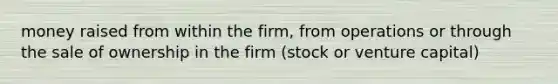 money raised from within the firm, from operations or through the sale of ownership in the firm (stock or venture capital)