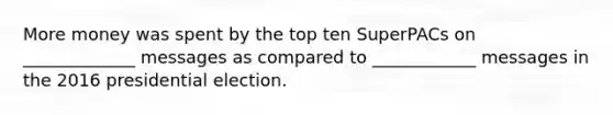 More money was spent by the top ten SuperPACs on _____________ messages as compared to ____________ messages in the 2016 presidential election.