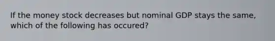 If the money stock decreases but nominal GDP stays the same, which of the following has occured?