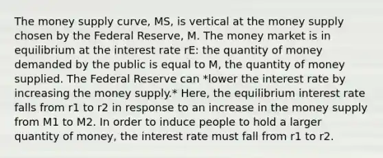 The money supply curve, MS, is vertical at the money supply chosen by the Federal Reserve, M. The money market is in equilibrium at the interest rate rE: the quantity of money demanded by the public is equal to M, the quantity of money supplied. The Federal Reserve can *lower the interest rate by increasing the money supply.* Here, the equilibrium interest rate falls from r1 to r2 in response to an increase in the money supply from M1 to M2. In order to induce people to hold a larger quantity of money, the interest rate must fall from r1 to r2.