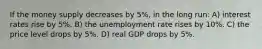 If the money supply decreases by 5%, in the long run: A) interest rates rise by 5%. B) the unemployment rate rises by 10%. C) the price level drops by 5%. D) real GDP drops by 5%.