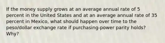 If the money supply grows at an average annual rate of 5 percent in the United States and at an average annual rate of 35 percent in Mexico, what should happen over time to the peso/dollar exchange rate if purchasing-power parity holds? Why?