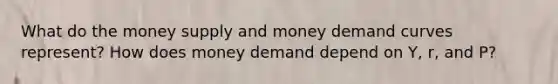 What do the money supply and money demand curves represent? How does money demand depend on Y, r, and P?