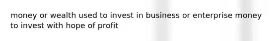 money or wealth used to invest in business or enterprise money to invest with hope of profit