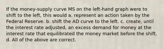 If the money-supply curve MS on the left-hand graph were to shift to the left, this would a. represent an action taken by the Federal Reserve. b. shift the AD curve to the left. c. create, until the interest rate adjusted, an excess demand for money at the interest rate that equilibrated the money market before the shift. d. All of the above are correct.