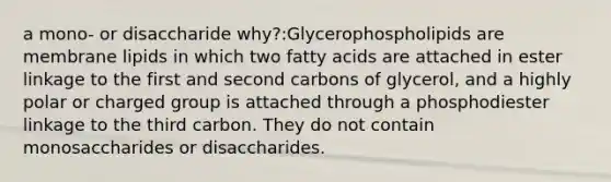 a mono- or disaccharide why?:Glycerophospholipids are membrane lipids in which two fatty acids are attached in ester linkage to the first and second carbons of glycerol, and a highly polar or charged group is attached through a phosphodiester linkage to the third carbon. They do not contain monosaccharides or disaccharides.