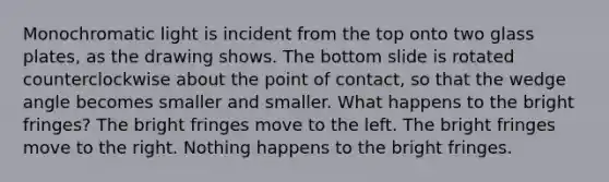 Monochromatic light is incident from the top onto two glass plates, as the drawing shows. The bottom slide is rotated counterclockwise about the point of contact, so that the wedge angle becomes smaller and smaller. What happens to the bright fringes? The bright fringes move to the left. The bright fringes move to the right. Nothing happens to the bright fringes.