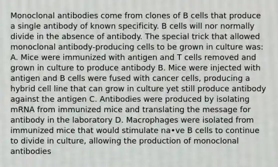 Monoclonal antibodies come from clones of B cells that produce a single antibody of known specificity. B cells will nor normally divide in the absence of antibody. The special trick that allowed monoclonal antibody-producing cells to be grown in culture was: A. Mice were immunized with antigen and T cells removed and grown in culture to produce antibody B. Mice were injected with antigen and B cells were fused with cancer cells, producing a hybrid cell line that can grow in culture yet still produce antibody against the antigen C. Antibodies were produced by isolating mRNA from immunized mice and translating the message for antibody in the laboratory D. Macrophages were isolated from immunized mice that would stimulate na•ve B cells to continue to divide in culture, allowing the production of monoclonal antibodies