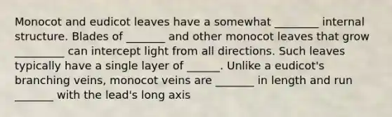 Monocot and eudicot leaves have a somewhat ________ internal structure. Blades of _______ and other monocot leaves that grow _________ can intercept light from all directions. Such leaves typically have a single layer of ______. Unlike a eudicot's branching veins, monocot veins are _______ in length and run _______ with the lead's long axis