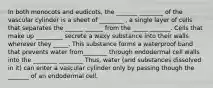 In both monocots and eudicots, the _______ ________ of the vascular cylinder is a sheet of ________ , a single layer of cells that separates the ______ ______ from the _____ _______. Cells that make up _________ secrete a waxy substance into their walls wherever they _____. This substance forms a waterproof band that prevents water from________ through endodermal cell walls into the ________ ________ Thus, water (and substances dissolved in it) can enter a vascular cylinder only by passing though the _______ of an endodermal cell.