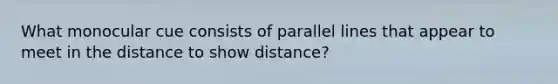 What monocular cue consists of <a href='https://www.questionai.com/knowledge/kmhV0cfzq2-parallel-lines' class='anchor-knowledge'>parallel lines</a> that appear to meet in the distance to show distance?