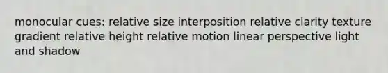 monocular cues: relative size interposition relative clarity texture gradient relative height relative motion linear perspective light and shadow