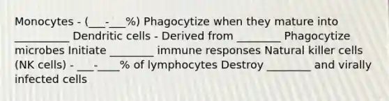 Monocytes - (___-___%) Phagocytize when they mature into __________ Dendritic cells - Derived from ________ Phagocytize microbes Initiate ________ immune responses Natural killer cells (NK cells) - ___-____% of lymphocytes Destroy ________ and virally infected cells