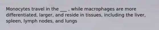 Monocytes travel in the ___ , while macrophages are more differentiated, larger, and reside in tissues, including the liver, spleen, lymph nodes, and lungs